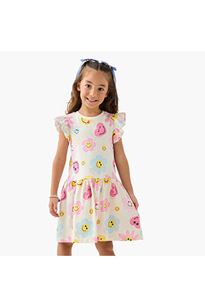 SMILEY WORLD فستان بدون أكمام بخصر منخفض مطبوع بالكامل