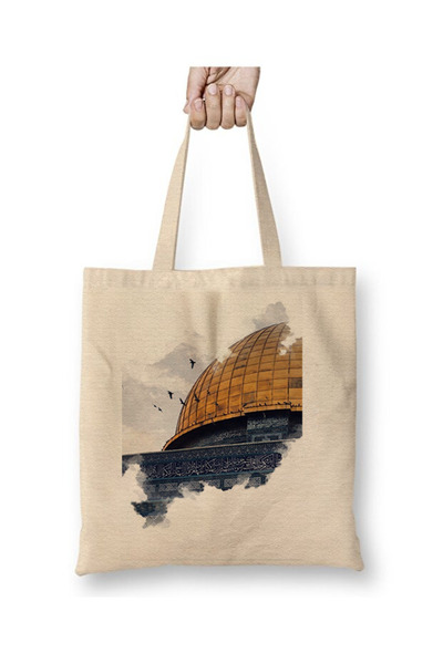 Toyaso Kubbetü'S-Sahre, Jerusalem White Cloth Bag Long Handle Shopping Bag Be...