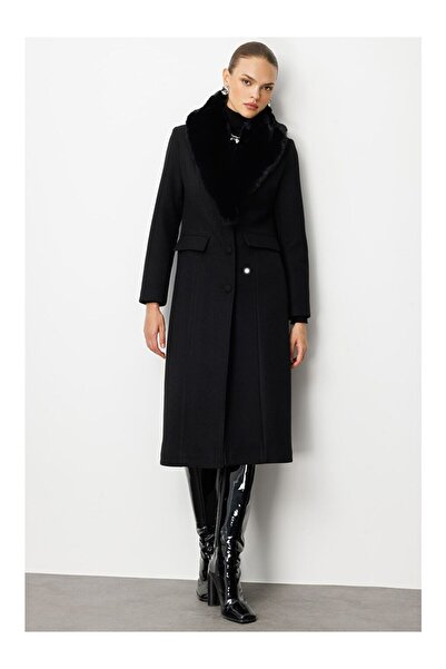 LC Waikiki MG TREND'EN LCW WAIKIKI Yakası Kürklü Uzun Siyah Yünlü Kaşe Palto