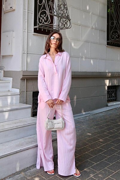 Trend Alaçatı Stili Women's Pink Shirt Collar Wrapping Bottom Top Set Vs00676
