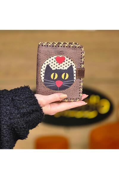 HOODİEMOUSE Small Wallet with Cat Strap Figure Ethnic Bohemian Retro Style - Brown