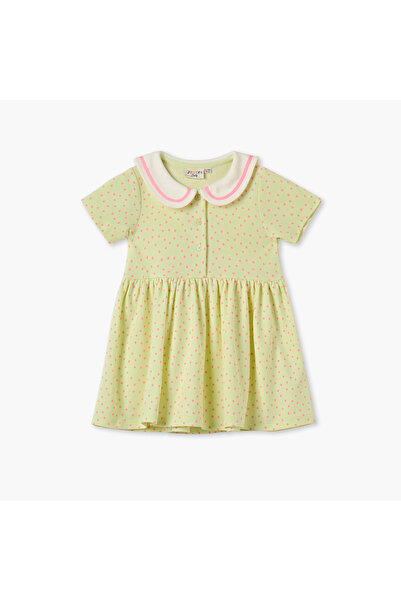 Juniors Polka Dot Print A-line Dress with Sailor Collar and Short Sleeves