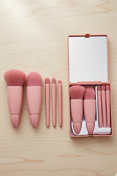 monangel مجموعة فرش مكياج محمولة (5 قطع) مع مرآة، فرش مكياج لخلط كريم الأساس وظلال العيون وأحمر الخدود