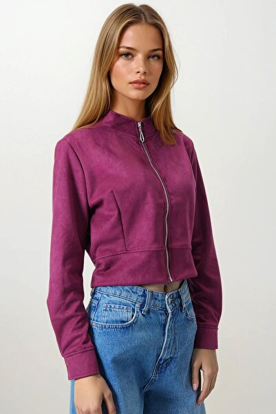 Trend Alaçatı Stili سترة نسائية قصيرة من جلد الغزال ذات ياقة مستقيمة وسحاب با...