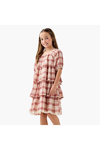 Juniors Checked Tiered Dress with Square Neck and Short Sleeves