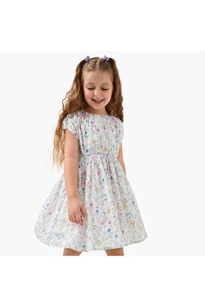 ELIGO Floral Print A-line Dress with Shirred Detail and Short Sleeves