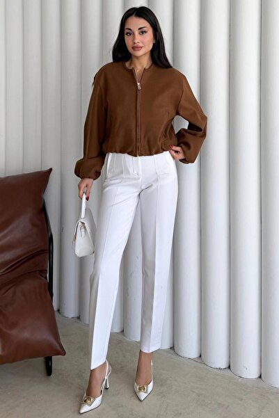 Trend Alaçatı Stili Women's Brown Crew Neck Zippered Bomber Jacket Vs01630