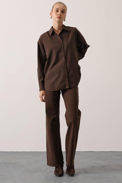 Trend Alaçatı Stili Women's Brown Striped Oversized Shirt Vs01624