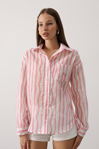 Trend Alaçatı Stili Pink Striped Long Sleeve Oversize Shirt with Pocket Detai...