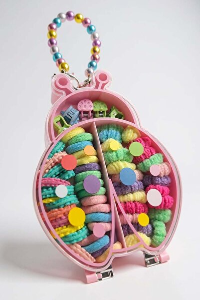 TAKIŞTIR Pembe Renk Uğur Böceği Figürlü Boncuklu Çantalı Toka Seti