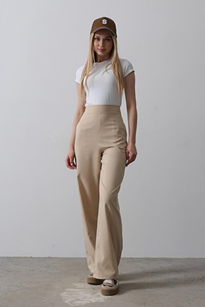 Trend Alaçatı Stili Pantaloni Palazzo pentru femei Camel, cu buzunare duble, ...