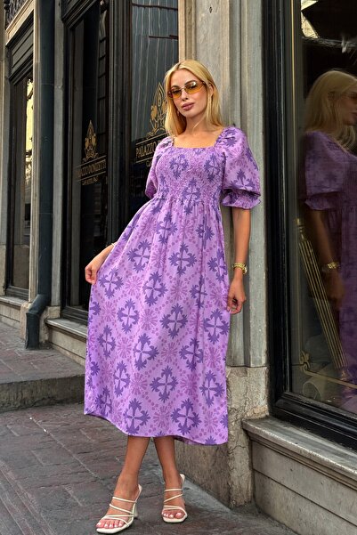 Trend Alaçatı Stili Women's Pink Square Neckline Gipeli Patterned Midi Length...