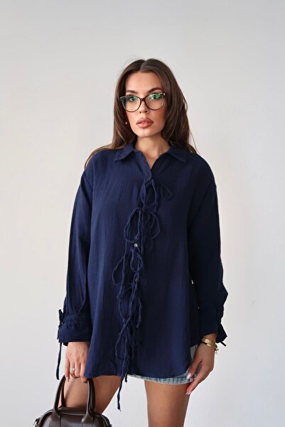 Trend Alaçatı Stili Women's Navy Blue Button Detailed Lace-Up Muslin Shirt Vs...