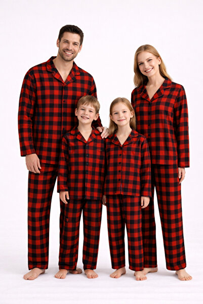 Free Beka Ekose Desenli Kırmızı Uzun Kollu Önden Düğmeli Gömlek Yaka Aile Pijama Takımı Kombini