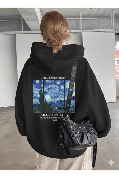NO 601 Дамска черна суитшърт с качулка и принт на Ван Гог на гърба