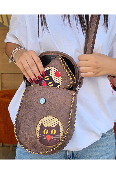 HOODİEMOUSE مجموعة حقيبة يد ومحفظة بتصميم محبب للقطط مع نسيج متقاطع - لون بني