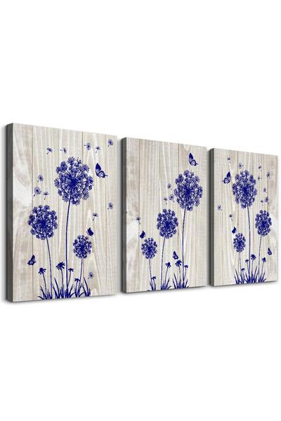 ALAYRA International ALAYRA blue dandelion 3 Piece abstract Canvas Wall Art f...