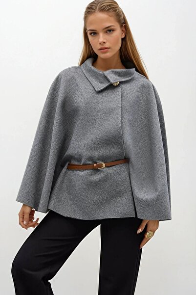 Trend Alaçatı Stili Women's Gray Gold Buttoned Belted Cashmere Poncho Vs01678