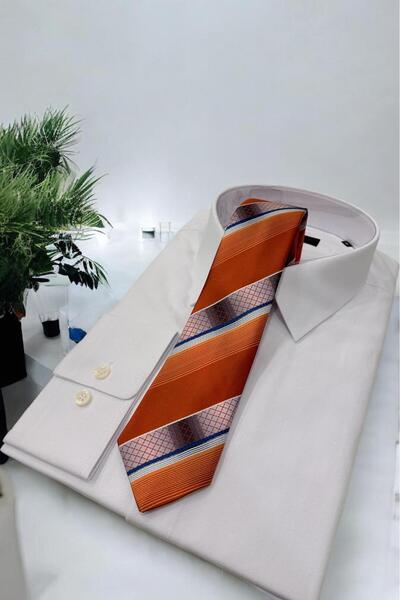 Sarar Microfibre 7 cm Striped Orange Navy Blue Tie Kr-53