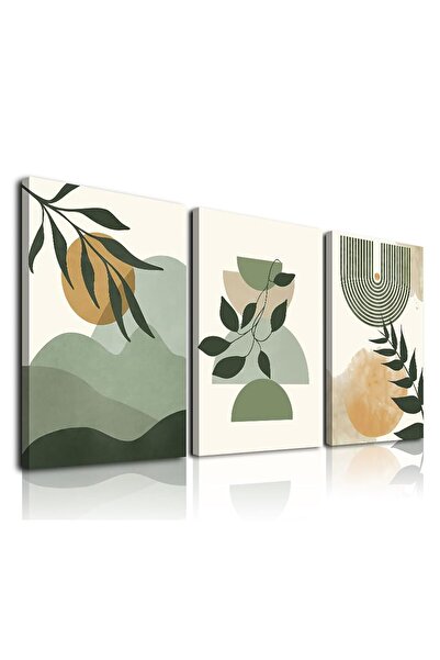 ALAYRA International مجموعة لوحات جدارية بوهيمية خضراء من ALAYRA، مكونة من 3 قطع، لوحة جدارية قماشية مؤطرة، أوراق خضراء، شمس، جبل، تجريدي