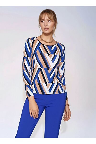 MAMAYAGA Women's Crew Neck Stretchy Patterned Viscose Long Sleeve Curve Plus Size Blouse