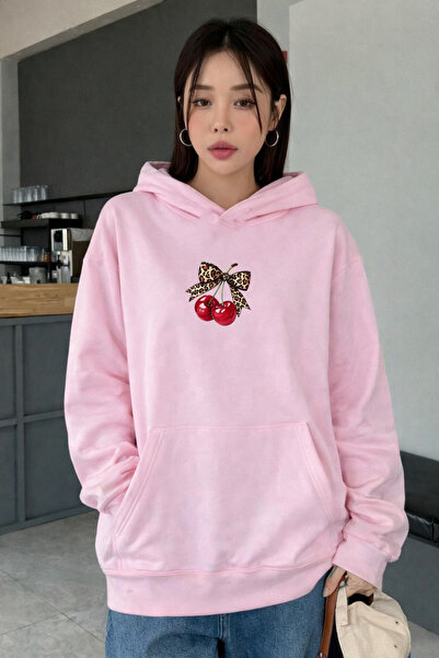 DEEPSENCE Γυναικείο ροζ φούτερ με κουκούλα, oversized, με σχέδιο CHERRY PRINTED