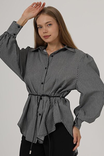 Trend Alaçatı Stili Cămașă oversize cu șireturi cu dungi argintii negre pentr...