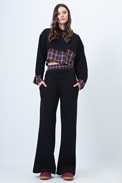 Trend Alaçatı Stili Women's Black-Burgundy Plaid Detailed Sweatshirt and Wide...