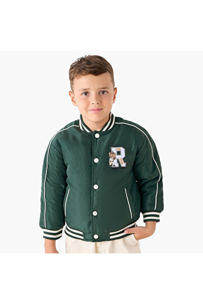 Juniors Teddy Applique Bomber Jacket with Button Closure