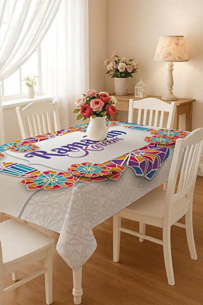 Cardea Home Collection مفرش طاولة رمضان مطبوع بنمط البلاط، مقاوم للبقع وسهل التنظيف