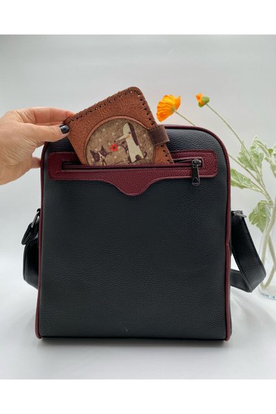 HOODİEMOUSE Large Postman Shoulder Bag with Fox Figure, Ethnic Bohemian Style Bag Black, Small Wallet Brown Combination