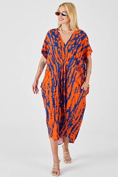 Trend Alaçatı Stili Women's Orange Patterned V-Neck Loose Cut Kaftan Dress Vs00829