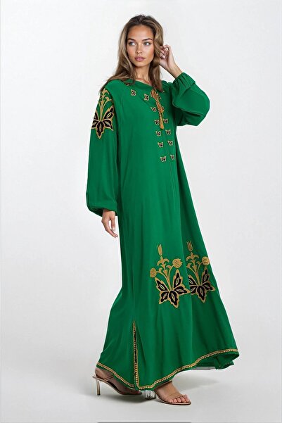 VAGGON Γυναικείο ΠΡΑΣΙΝΟ Φόρεμα με λαστιχένια μανίκια με γιακά με φούντες σε ...