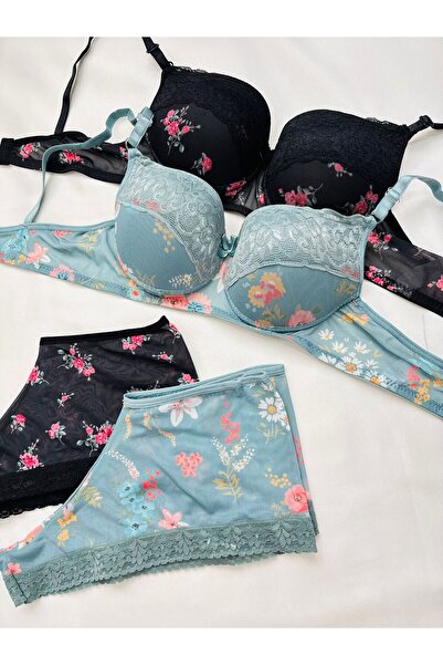 İNKO İÇ GİYİM Women's Padded and Supported Floral Pattern Petrol Green & Black 2-Piece Boxer Type Underwear Set