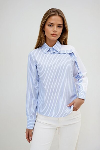 Trend Alaçatı Stili قميص نسائي بأكمام طويلة مخطط باللون الأزرق وتفاصيل أزرار ...