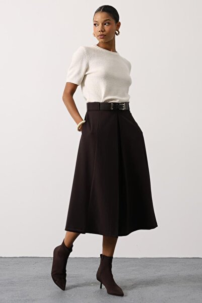 Trend Alaçatı Stili Fusta de damă maro cu curea, cu buzunare duble, plisată, ...