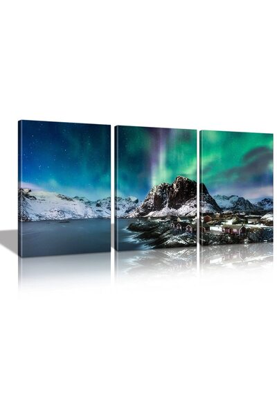 ALAYRA International لوحة جدارية قماشية من ALAYRA تصور أضواء الشمال، ملصق مؤطر لمنظر جبل ثلجي ريفي مع أضواء الشفق القطبي.