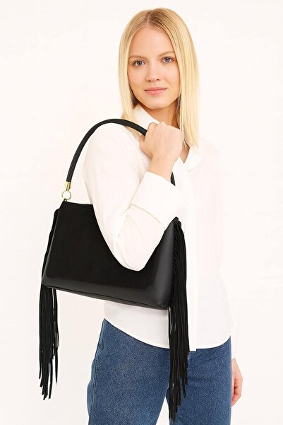 Timburly Μαύρη δερμάτινη γυναικεία τσάντα ώμου με λεπτομέρεια από φούντα και ...