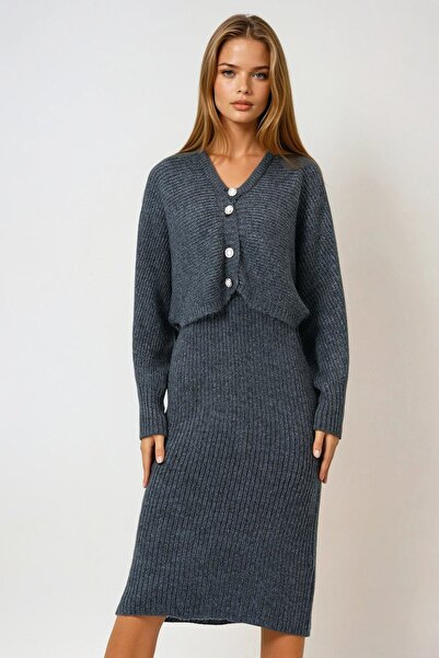 Trend Alaçatı Stili Kadın Antrasit Düğme Kapamalı Crop Hırka Ve Ön Arka V Yak...