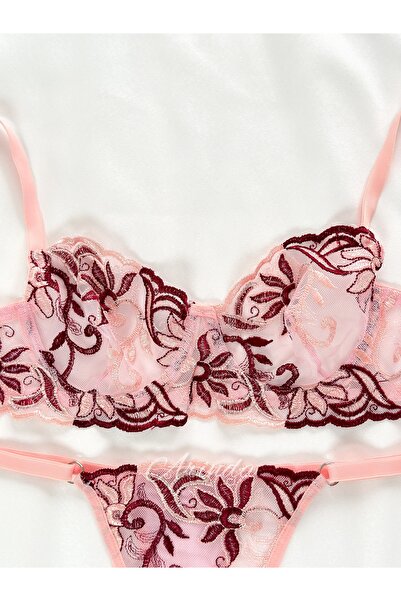 kiari Pink Burgundy Floral Pattern Modern Brode Embroidered Underwire Cupless...