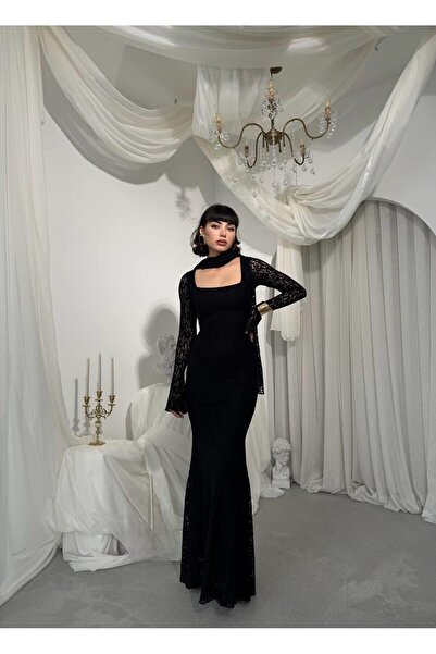 Nils Kids Butik Kare Yaka Zarif Siluet Dantel Dokulu Balık Abiye Elbise