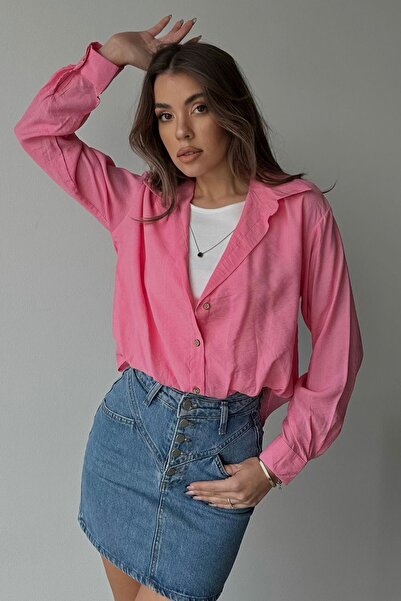 Trend Alaçatı Stili Γυναικείο ροζ πουκάμισο με χαμηλή ώμους και ελαστική μέση...