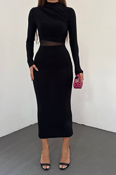 Trend Alaçatı Stili Kadın Siyah Hakim Yaka Drape Detaylı Transparan Elbise Vs...