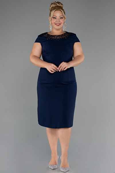 Abiyefon Lacivert Yakası Taşlı Kısa Kol Midi Büyük Beden Abiye ABK2445