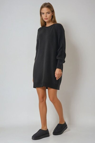 Trend Alaçatı Stili Γυναικείο Μαύρο Πλεκτό Φόρεμα με Λεπτομέρεια Μπαλόνι Μανί...