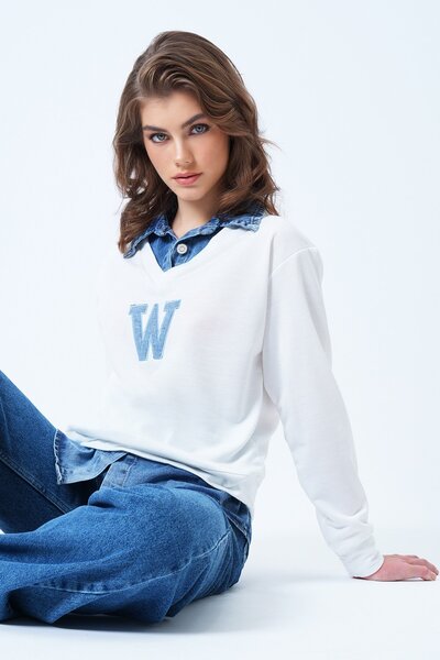 Trend Alaçatı Stili Kadın Beyaz Jean Gömlek Garneli Önü Nakışlı Sweatshirt Vs...