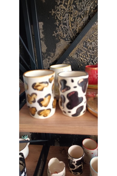 Gül Nakkaş Seramik İkili Seramik el yapımı gamzeli kahve fincanı leopar ve in...