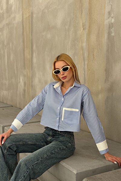 Trend Alaçatı Stili Kadın Mavi Çizgili Oversize Uzun Kollu Düğmeli Manşet Cro...