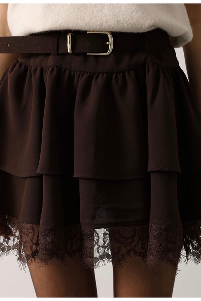 İldies store Lace Belt Short Skirt Coffee