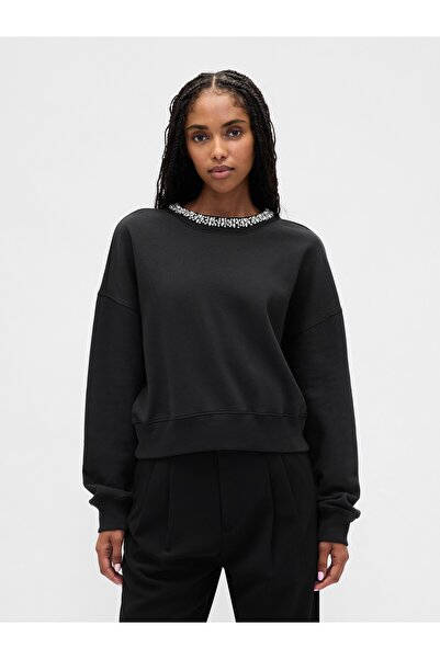 GAP Kadın Siyah VintageSoft Jewel-Neck Crop Sweatshirt